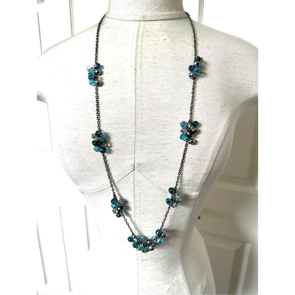 Blue grey crystal cluster long necklace